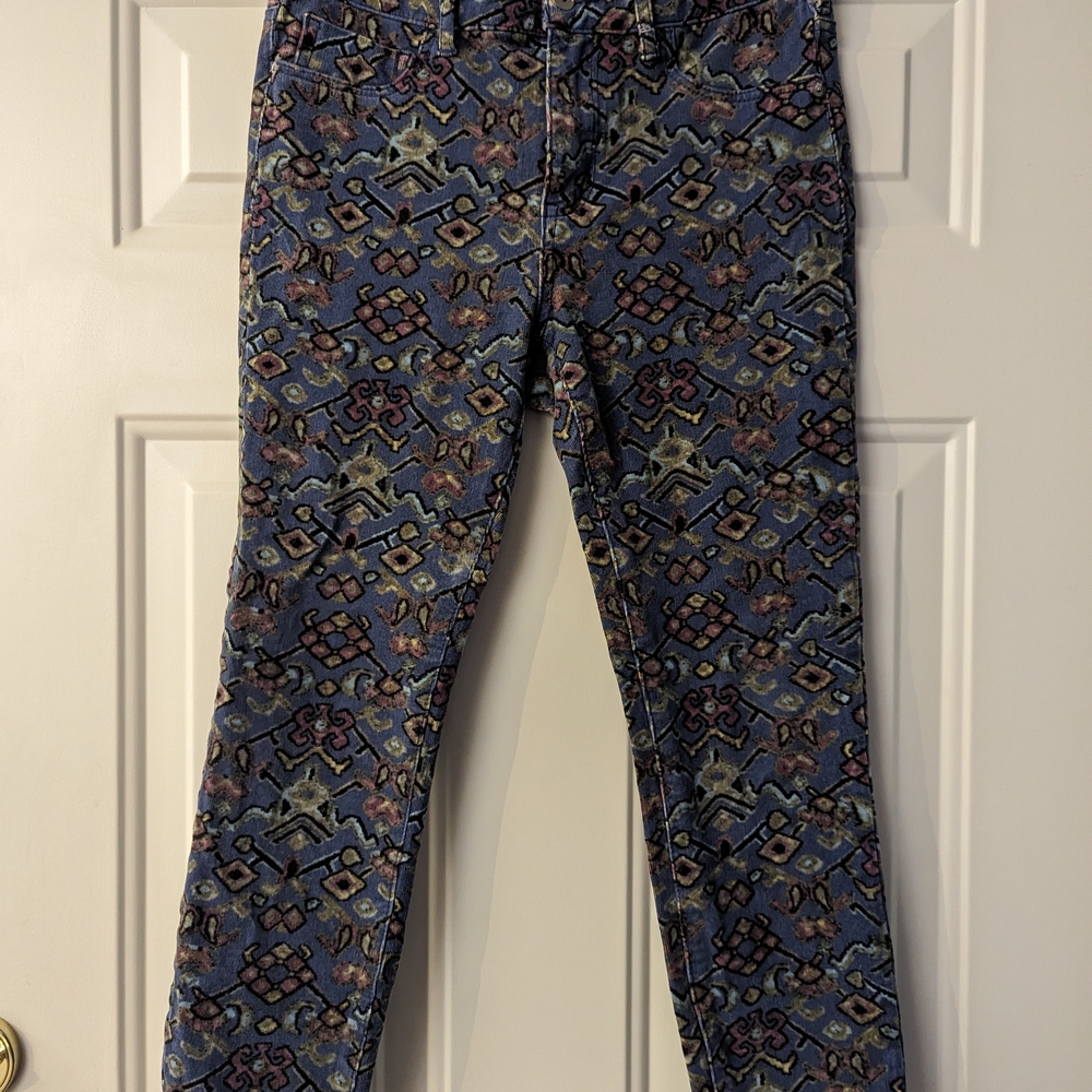 Anthropologie Blue and Pink Patterned High-Rise Skinny Pants